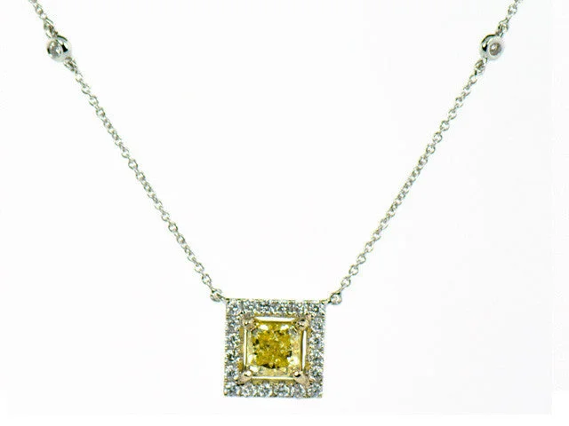 women's necklaces premium quality -Fancy Intense Yellow Diamond Halo Necklace 1.64ctw in 18K