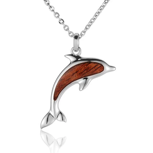 women's necklaces minimalist pendant -Sterling Silver Koa Wood Jumping Dolphin Pendant18" Necklace