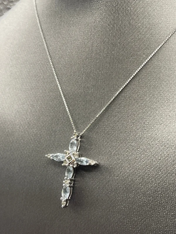 women's necklaces long chain -Ladies 10 Karat Solid White Gold Aquamarine and Diamond Cross Necklace