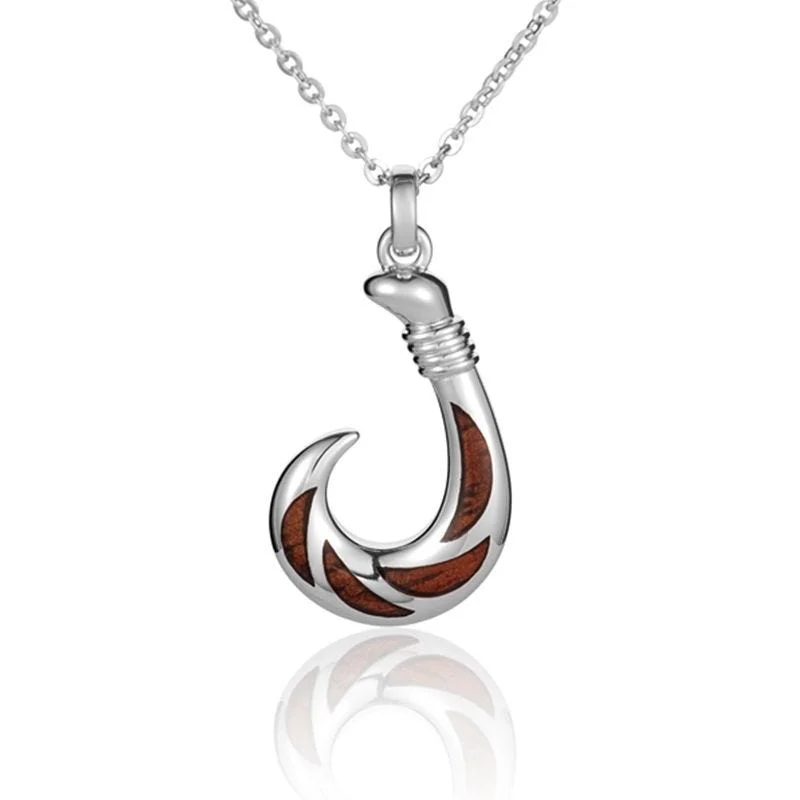 women's necklaces minimalist style -Sterling Silver Koa Wood Small Fishing Hook Pendant18" Necklace