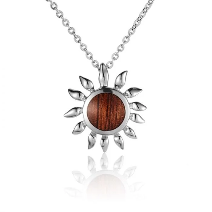 women's necklaces cubic zirconia -Sterling Silver Koa Wood Sunflower Pendant18" Necklace