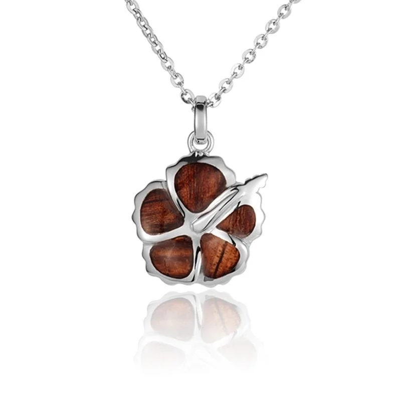 women's necklaces with birthstone -Sterling Silver Koa Wood Hibiscus Flower Pendant18" Necklace