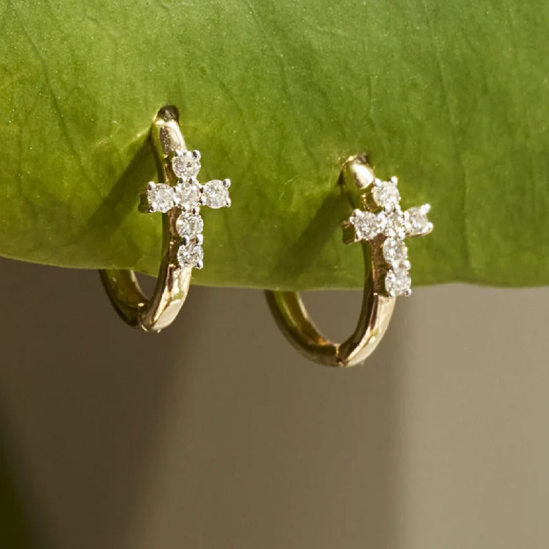 women's earrings boho style -Diamond Mini Cross Hoop Earrings