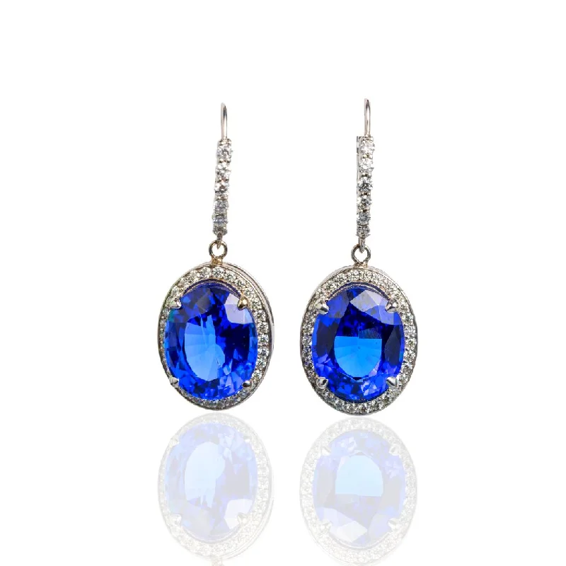 women's earrings hypoallergenic -18K White Gold 12.18 CT Tanzanite and Diamond Halo Earrings