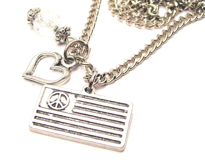 women's necklaces Christmas gift -Peace Sign American Flag Heart And Crystal Necklace