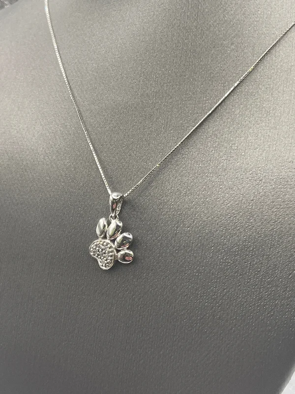 women's necklaces unique design -Ladies 10 Karat Solid White Gold Diamond Paw Print Necklace