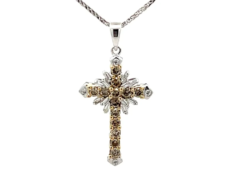 women's necklaces diamond solitaire -Champagne Diamond Cross Necklace 14k White Gold