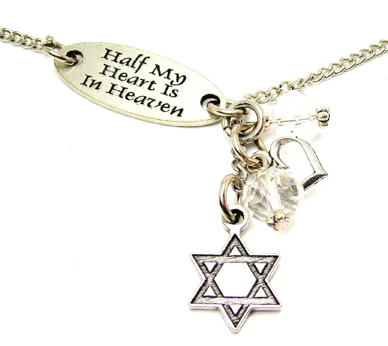 women's necklaces moon pendant -Half My Heart Is In Heaven And Engraved Star Of David Lariat Necklace