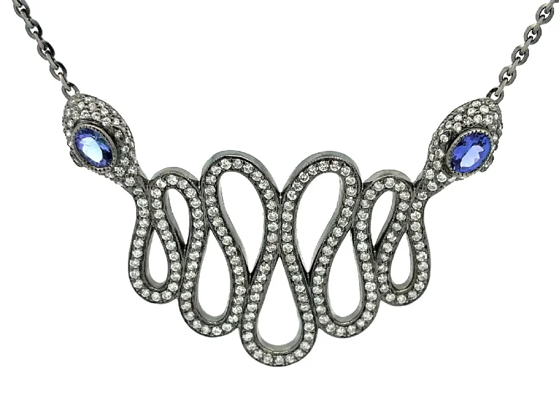 women's necklaces floral engraving -Snake Necklace with Diamonds and Tanzanite in 18k Black Gold