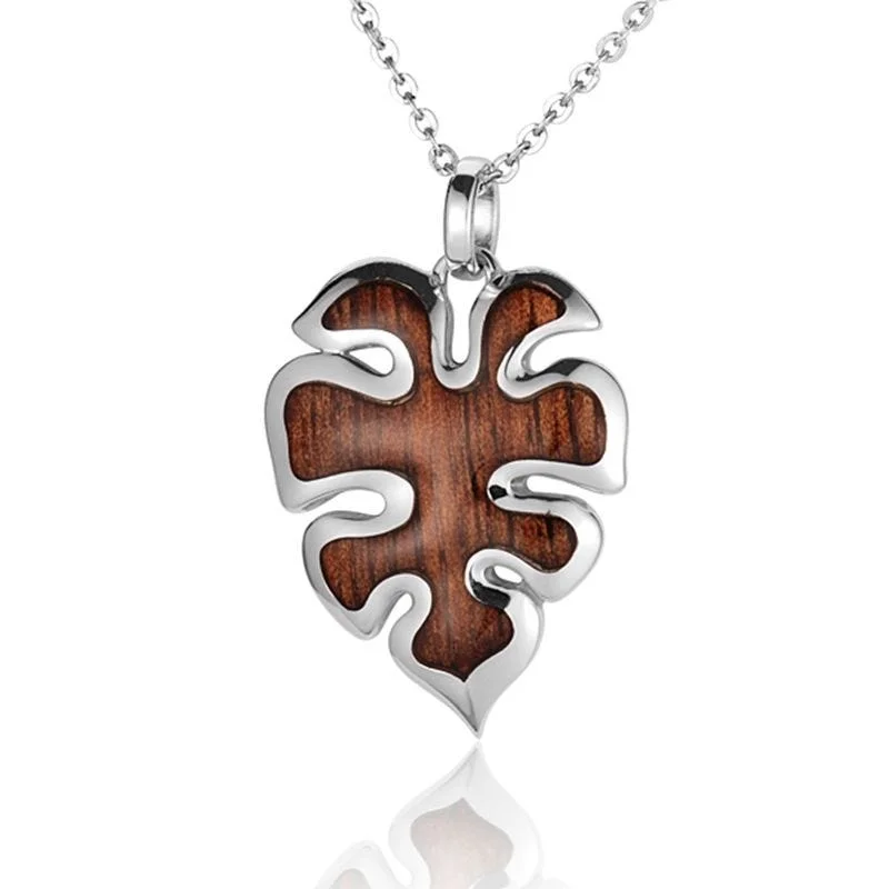 women's necklaces delicate chain -Sterling Silver Koa Wood Monstera Flower Pendant18" Necklace