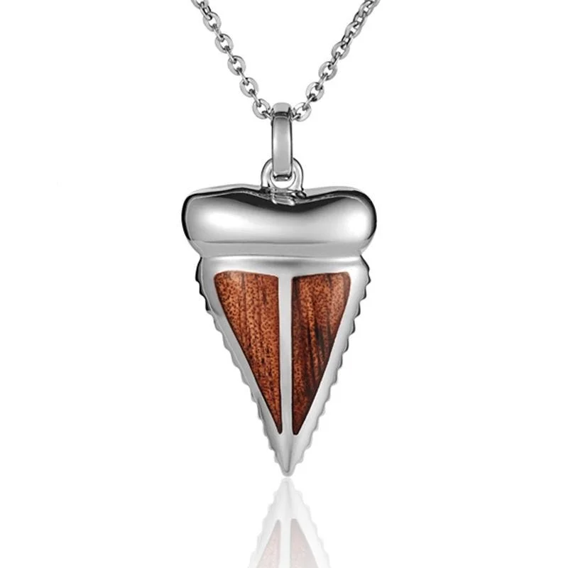 women's necklaces diamond -Sterling Silver Koa Wood Double Inlay Shark Tooth Pendant18" Necklace