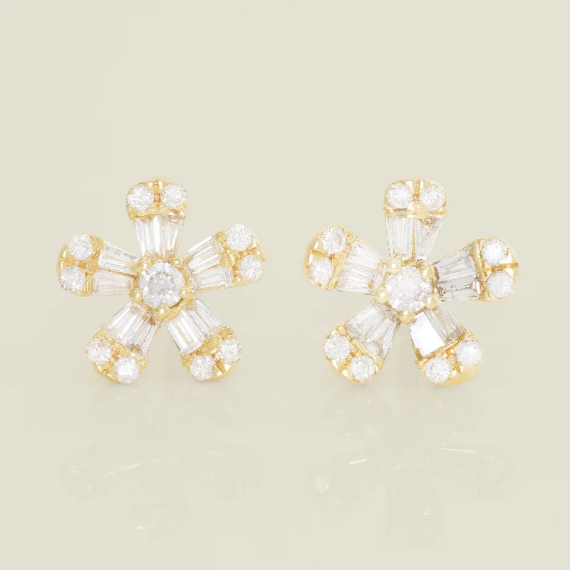 women's earrings gold -Diamond Baguette-Cut Flower Stud Earrings