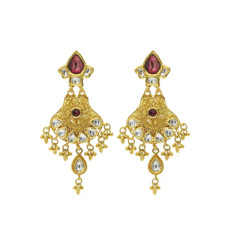 women's earrings bold fashion -22K Gold Handcrafted Chandelier Earrings W/ Kundan & Ruby Accents