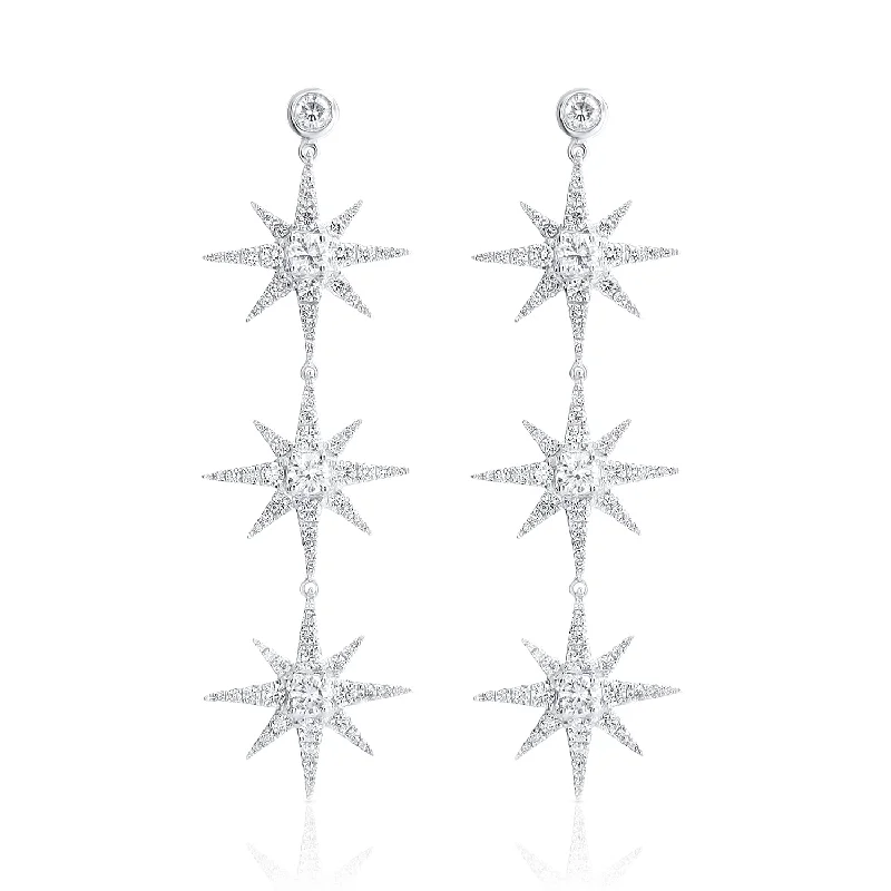 women's earrings celestial theme -4.17 Carat Natural Diamond Star Dangle Earrings in 18K White Gold