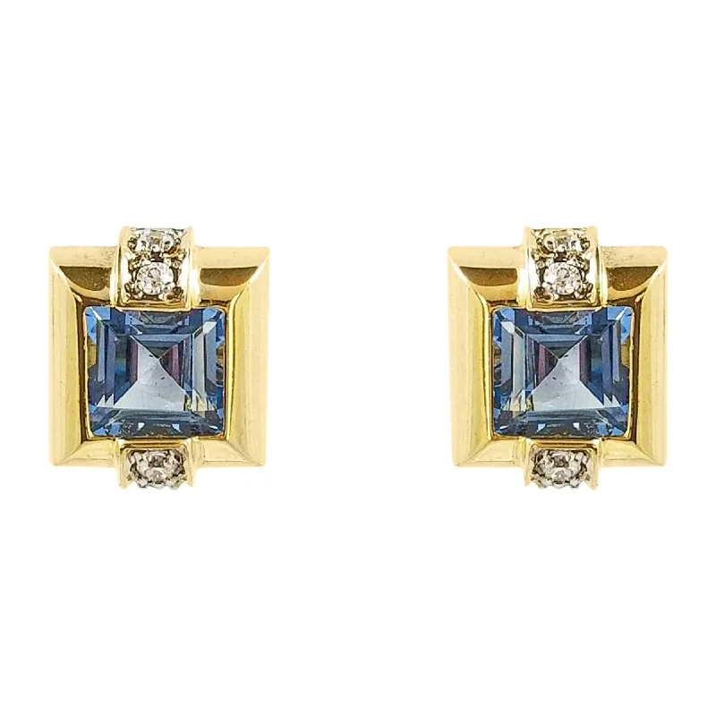 women's earrings intricate design -9 kt Yellow Gold Aquamarine and White Cubic Zircon