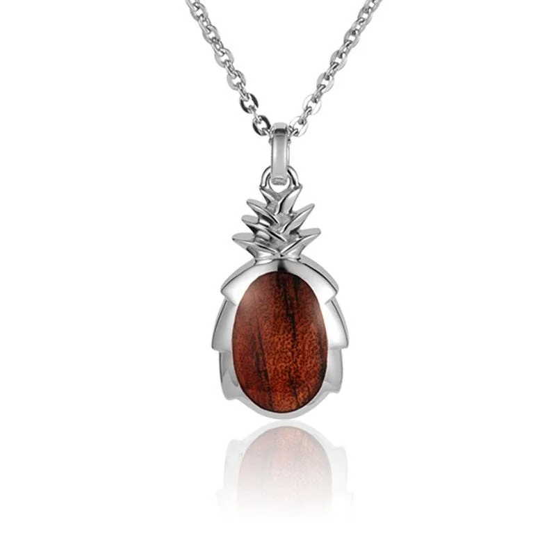 women's necklaces adjustable length -Sterling Silver Koa Wood Pineapple Pendant18" Necklace