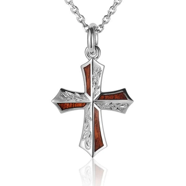 women's necklaces waterproof jewelry -Sterling Silver Koa Wood Engraved Cross Pendant 18" Necklace