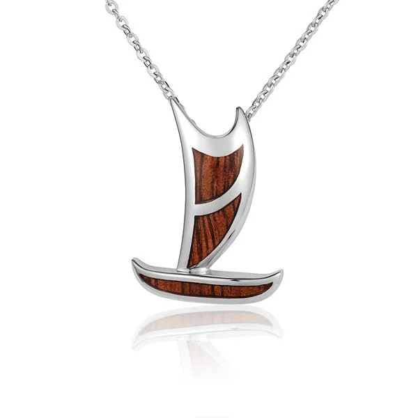 women's necklaces trendy and stylish -Sterling Silver Koa Wood Polynesian Voyaging Canoe Pendant 18" Necklace