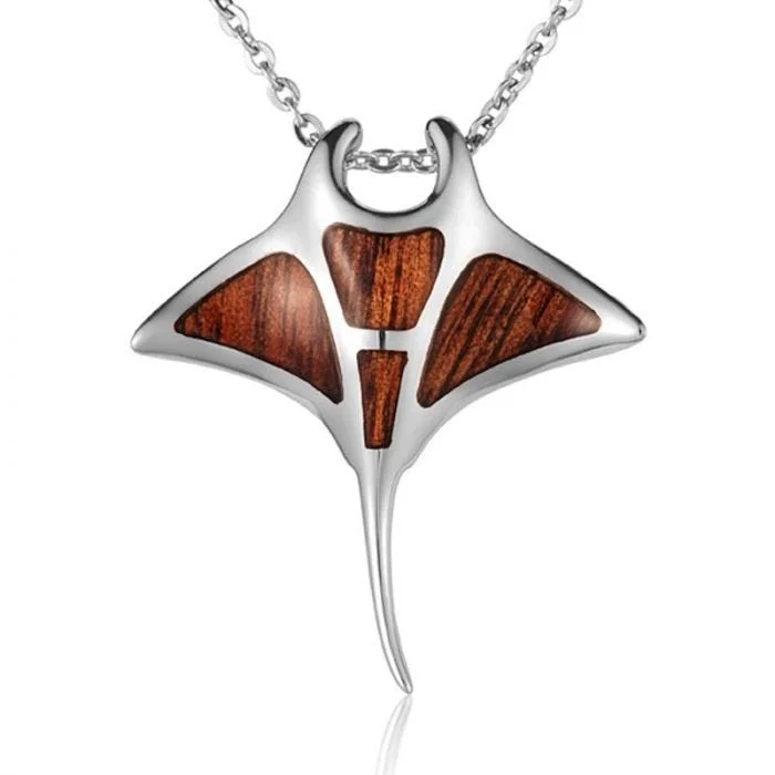 women's necklaces adjustable clasp -Sterling Silver Koa Wood Manta Ray Pendant18" Necklace