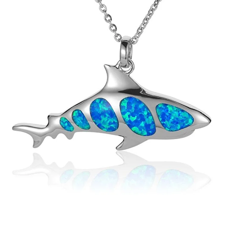 women's necklaces with secret message -Sterling Silver Shark Necklace with Opal Inlay