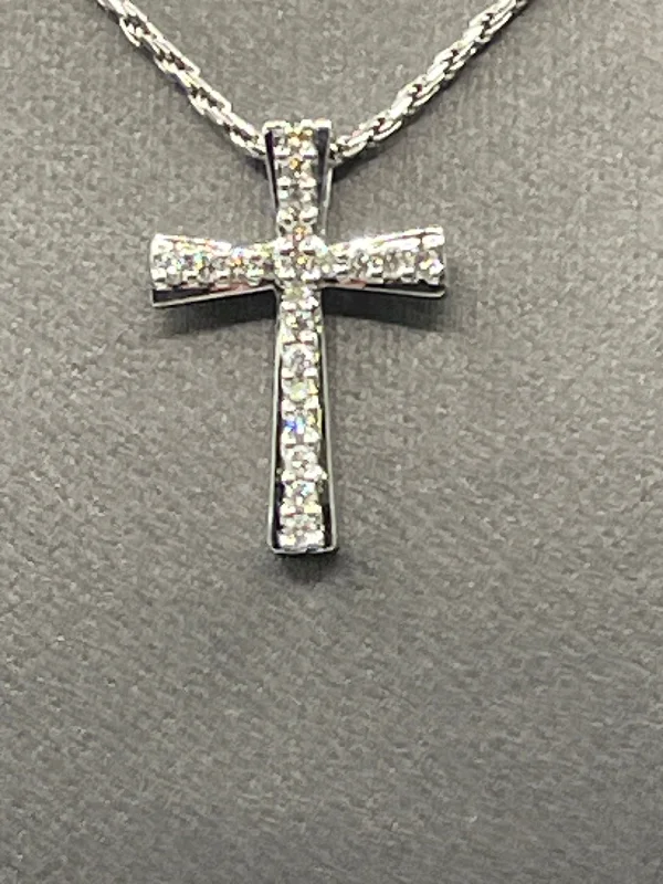 women's necklaces star pendant -Ladies 14 Karat Solid White Gold Diamond Cross Necklace