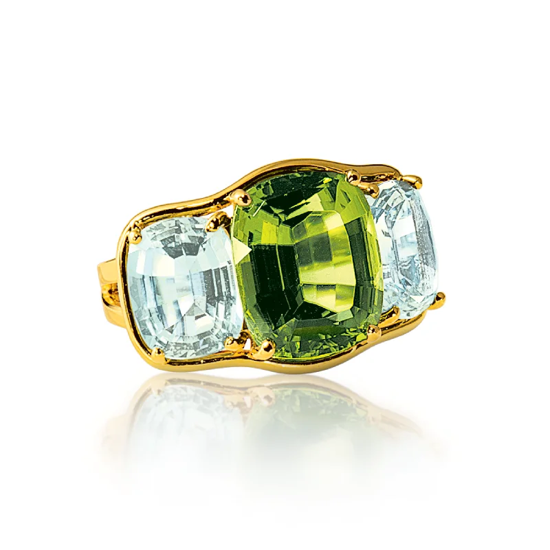 women's rings classic solitaire -Three Stone Ring in Peridot and Blue Topaz