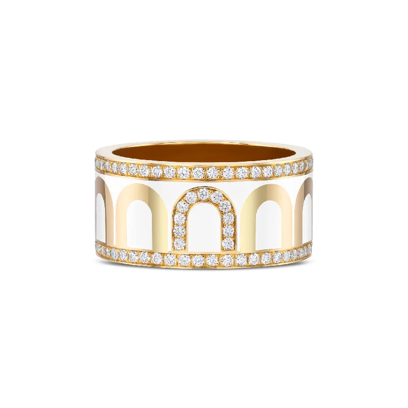 women's rings bezel setting -L'Arc de DAVIDOR Ring GM, 18k Yellow Gold with Neige Lacquered Ceramic and Porta Diamonds