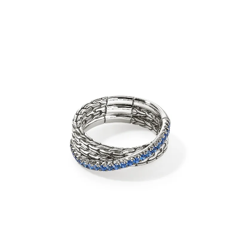 women's rings trillion cut -Sterling Silver Essential Pavé Blue Sapphire Crossover Ring