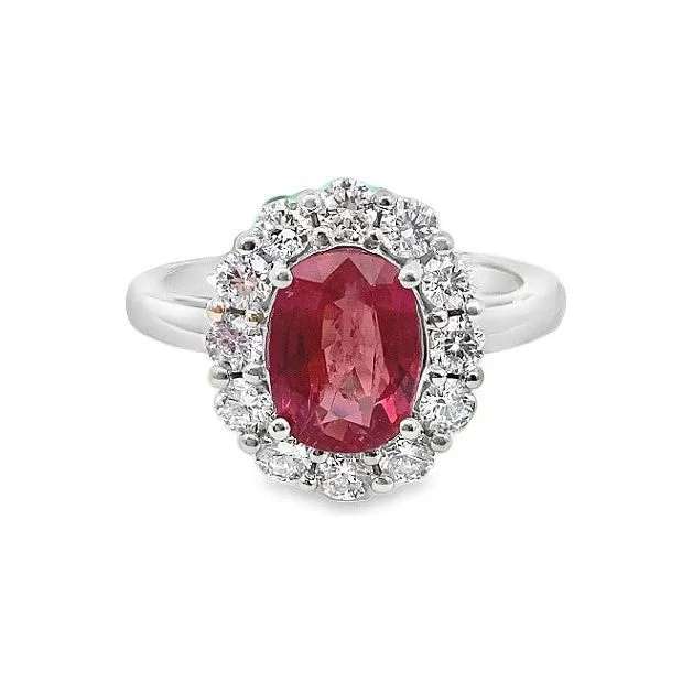 women's rings perfect fit -18K White Gold Ruby & Scalloped Diamond Halo Ring