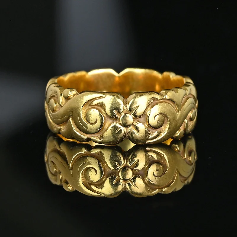 women's engagement rings handcrafted -Antique 18K Gold Floral Carved Wide Wedding Ring Band