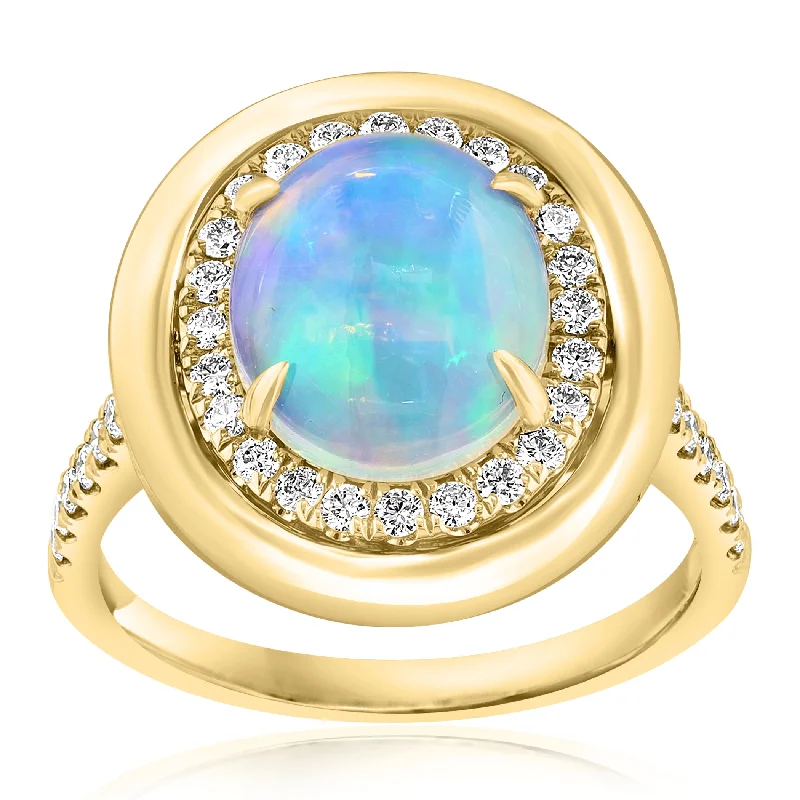 women's rings gold -14K Yellow Gold Opal Diamond Halo & Polished Gold Frame Ring