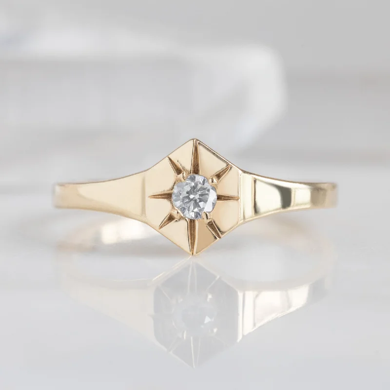 women's rings heart shape -Custom White Diamond Birthstone Signet Ring | 10K Yellow Gold