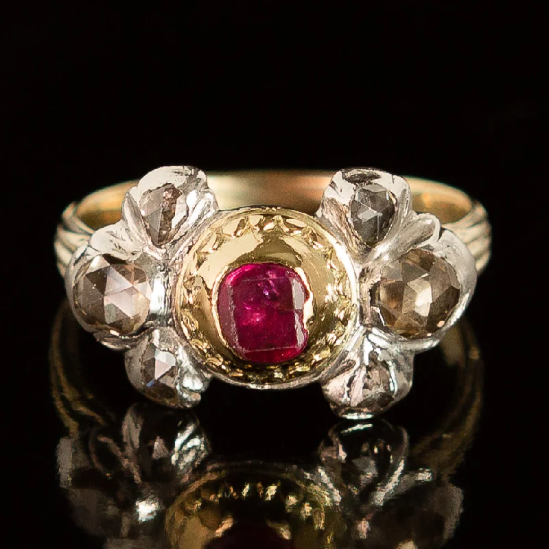 women's engagement rings modern design -Georgian Table-Cut Ruby + Rose Cut Diamond Ring