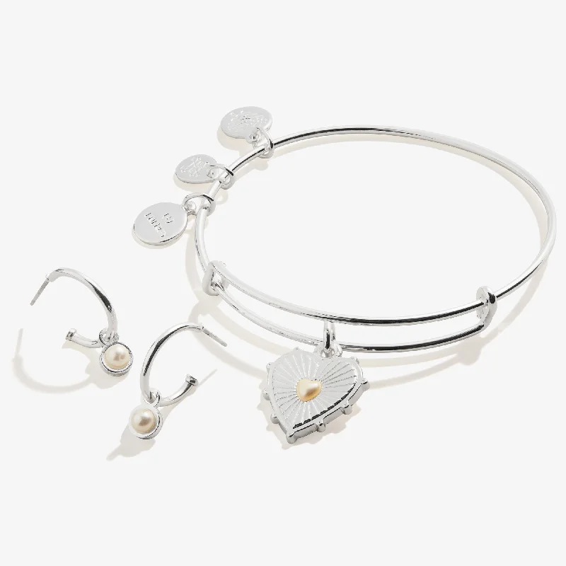 women's bracelets celestial star -Pearl Heart Charm Bangle + Hoop Earring Set