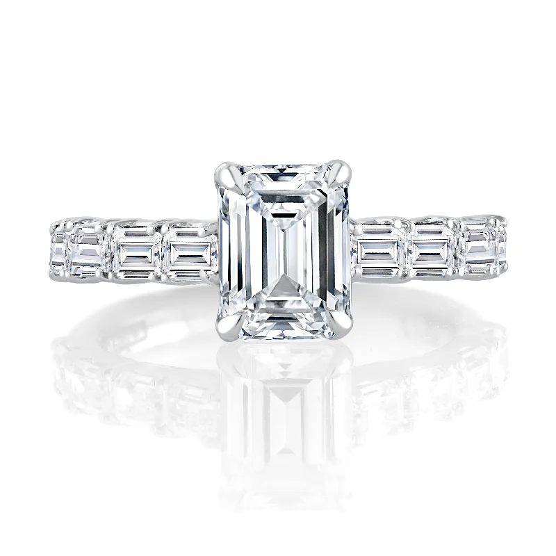 women's engagement rings rose cut diamond -Emerald Cut Diamond Engagement Ring with Emerald Diamond Accents Band