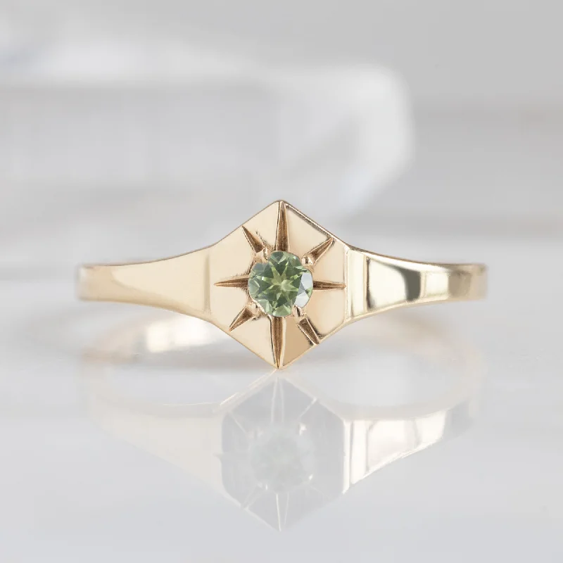 women's rings bezel setting -Custom Peridot Birthstone Signet Ring | 10K Yellow Gold