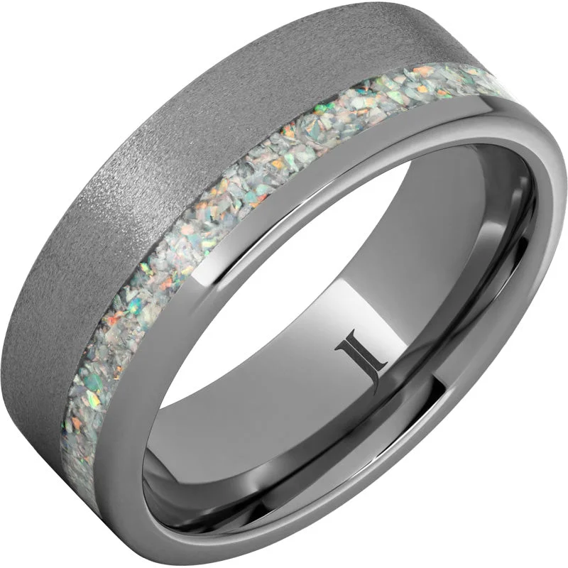 women's rings alternative gemstones -Rugged Tungsten™ Ring with Opal Inlay and Stone Finish