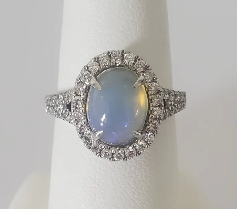 women's rings unique design -14kt White Gold Opal and Diamond Halo Ring