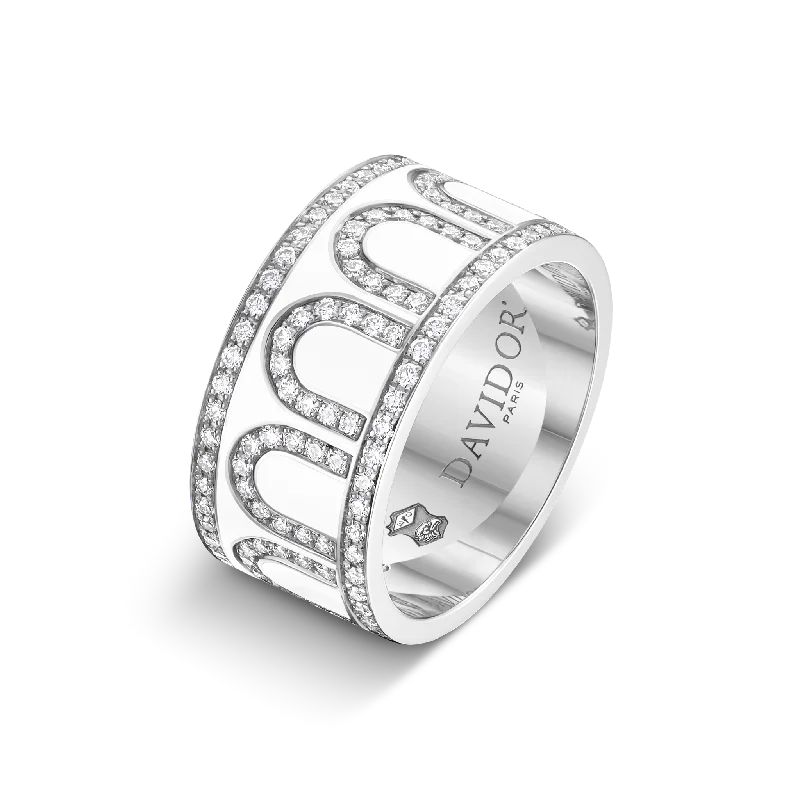 women's rings engraved initials -L'Arc de DAVIDOR Ring GM, 18k White Gold with Neige Lacquered Ceramic and Palais Diamonds