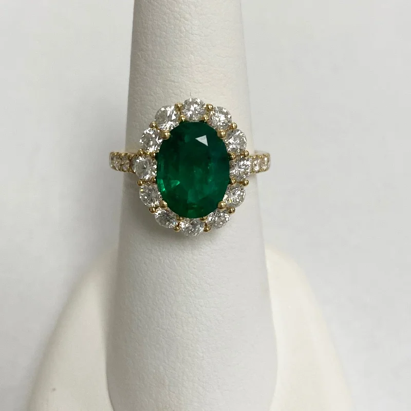 women's rings perfect fit -18kt Yellow Gold Emerald and Diamond Halo Ring