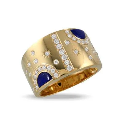 women's engagement rings three stone -18K Yellow Gold Diamond Ring with Lapis