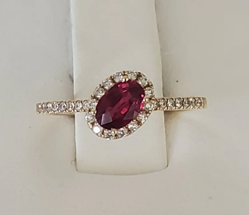 women's rings dainty look -14kt Yellow Gold Ruby Halo Ring