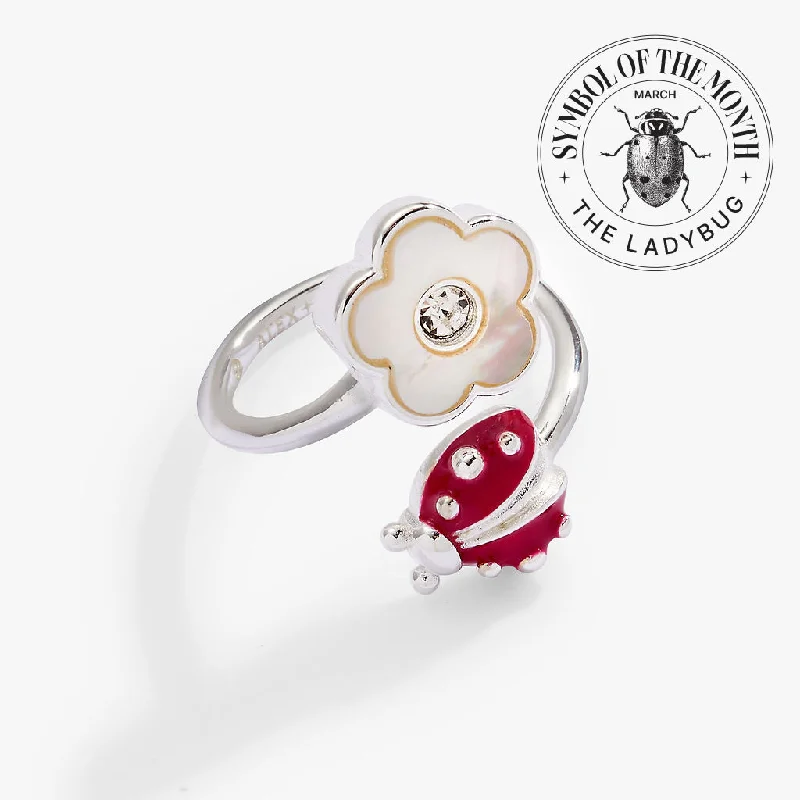 women's rings budget-friendly -Ladybug and Mother of Pearl Flower Ring