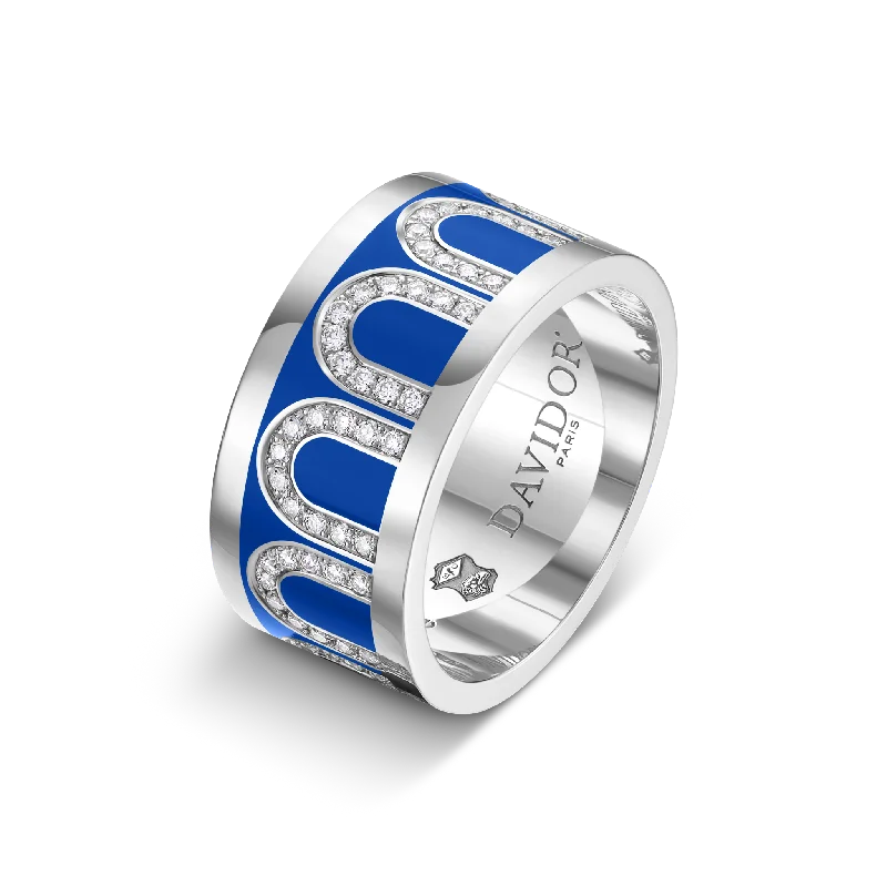 women's rings thick band -L'Arc de DAVIDOR Ring GM, 18k White Gold with Riviera Lacquered Ceramic and Arcade Diamonds