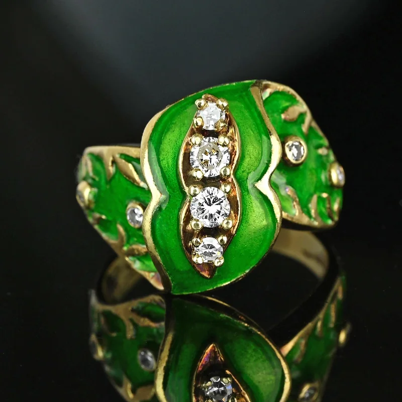 women's engagement rings with mixed metals -Vintage Heavy 14K Gold Green Enamel Leaf Diamond Ring