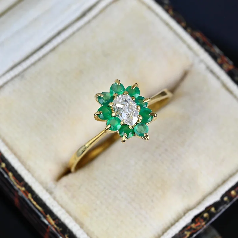 women's engagement rings special edition -Antique 14K Gold Emerald Halo Mine Cut Pear Diamond Ring