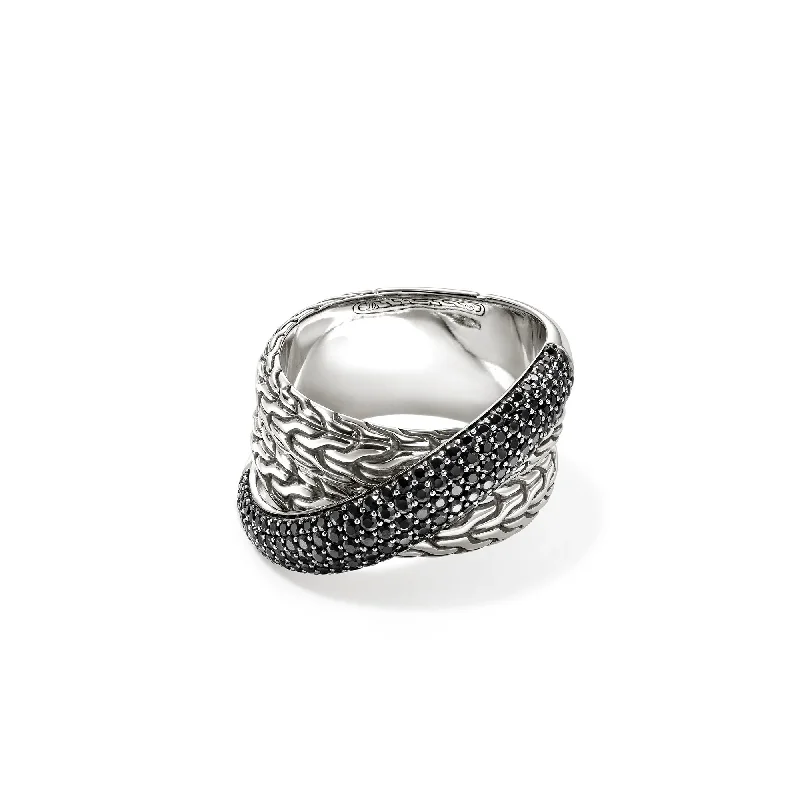 women's rings radiant cut -Sterling Silver Essential Pavé Black Sapphire Crossover Ring