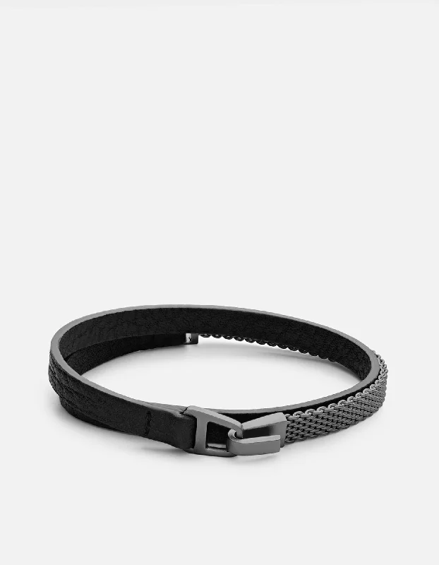 women's bracelets mother of pearl -Moore Half Mesh Leather, Matte Black Rhodium