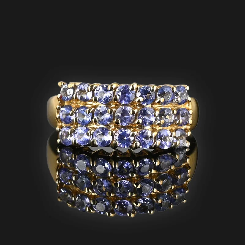 women's rings petite design -Vintage 14K Gold Three Row Tanzanite Ring