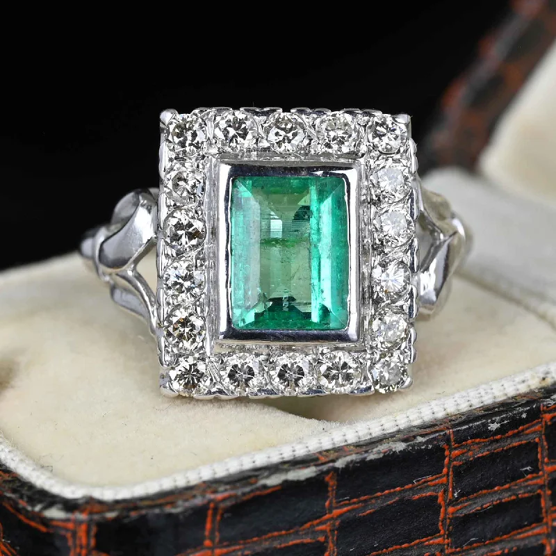 women's engagement rings double band -Art Deco Style 2 Carat Columbian Emerald and Diamond Ring